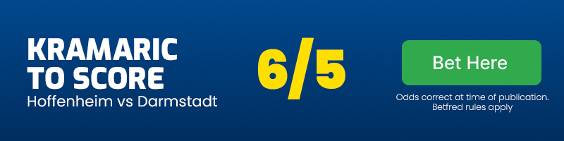 Andrej kramaric to score anytime in hoffenheim vs darmstadt at 6-5