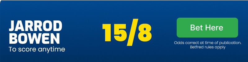 Jarrod bowen to score anytime at 15/8