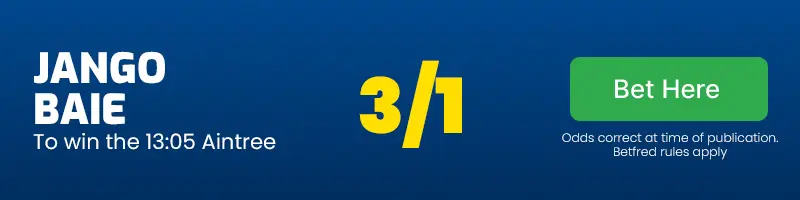 Jango baie to win the 13. 05 aintree at 3/1