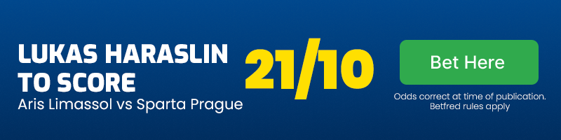 Lukas haraslin to score anytime in aris limassol vs sparta prague at 21-10