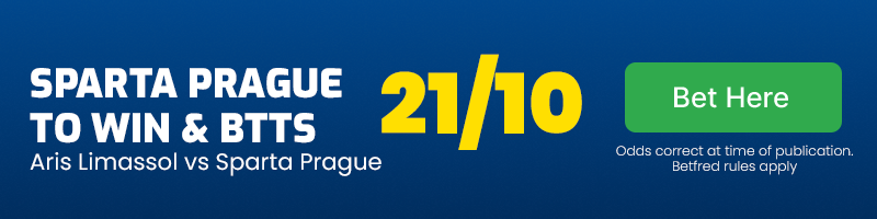 Sparta prague to beat aris limassol & btts at 21-10