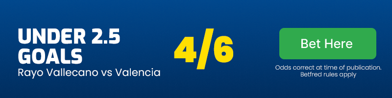 Under 2. 5 goals in rayo vallecano vs valencia at 4-6