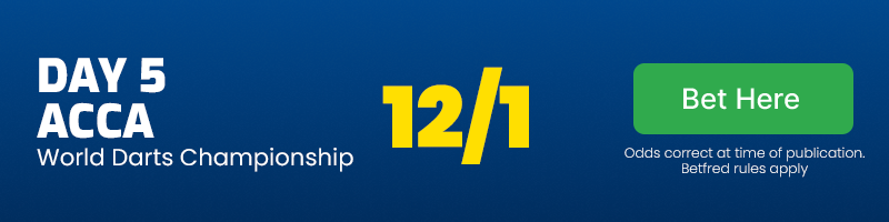 Day 5 world darts championship accumulator at 12-1