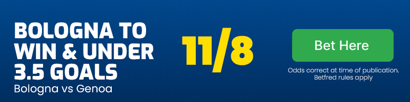 Bologna to win & under 3. 5 goals at 11-8