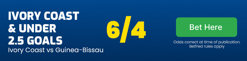 Ivory coast to win & under 2. 5 goals vs guinea-bissau at 6-4