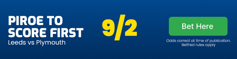 Joel piroe to score first in leeds vs plymouth at 9-2
