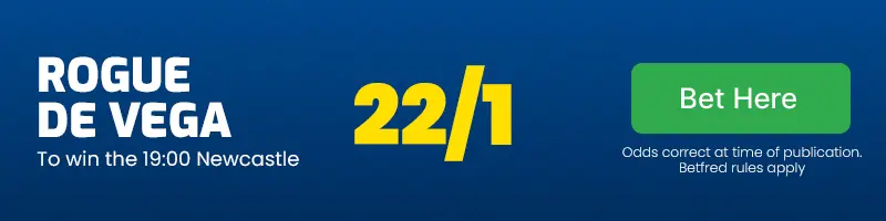 Rogue de vega to win the 19. 00 newcastle at 22/1
