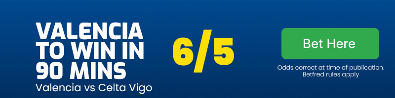 Valencia to win in 90 minutes at 6/5
