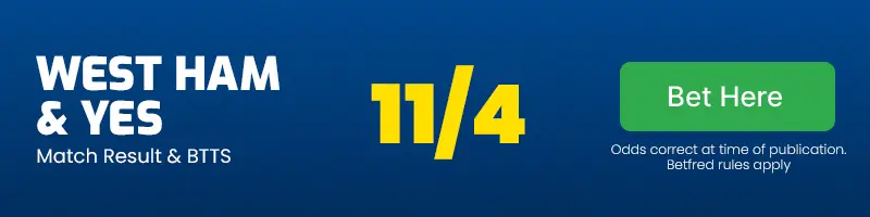 West ham to beat brighton and both teams to score at 11/4