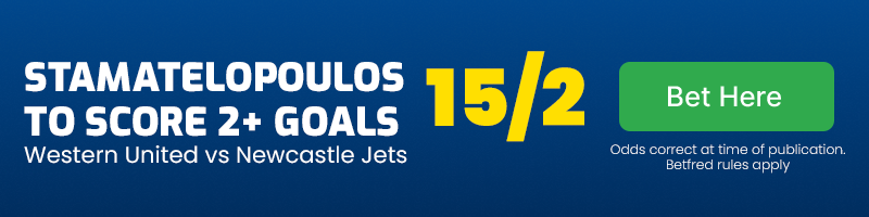 Apostolos stamatelopoulos to score 2+ goals in western united vs newcastle jets at 15-2