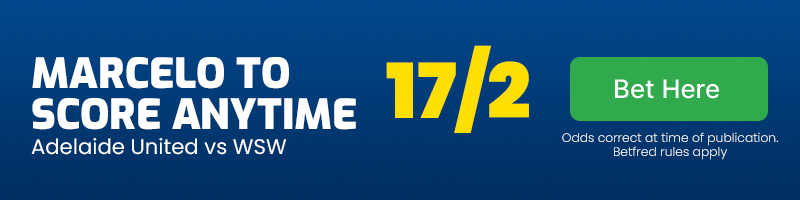 Marcelo to score anytime in adelaide united vs western sydney wanderers at 17-2