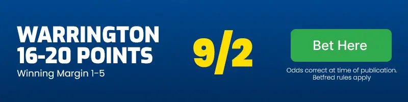Warrington to win by 16-20 points vs castleford at 9-2