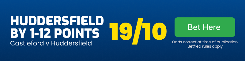 Huddersfield to beat castleford by 1-12 points @ 19/10