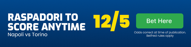 Giacomo raspadori to score anytime in napoli v torino at 12-5