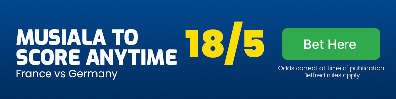 Jamal musiala to score anytime in france vs germany at 18-5