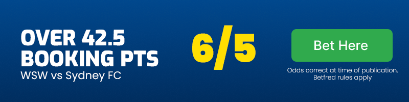 Over 42. 5 booking points in western sydney wanderers vs sydney fc at 6-5