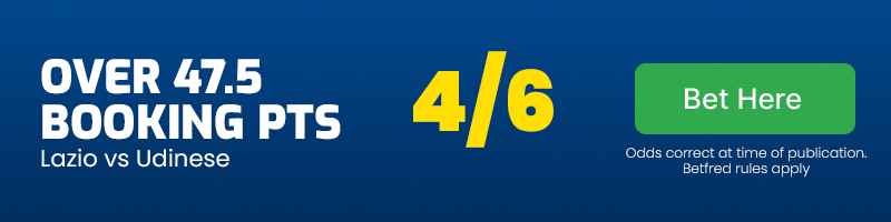Over 47. 5 booking points in lazio vs udinese at 4-6