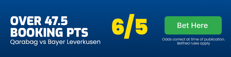 Over 47. 5 booking points in qarabag vs bayer leverkusen at 6-5