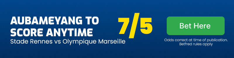 Pierre-emerick aubameyang to score anytime in stade rennais vs olympique marseille at 7-5