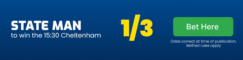 State man to win the 15. 30 cheltenham at 1-3