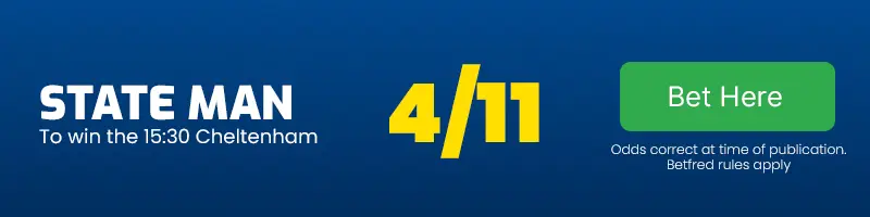 State man to win the 15. 30 cheltenham at 4/11