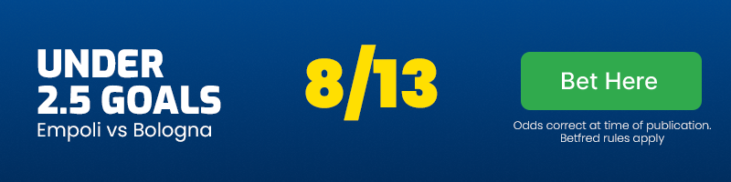 Under 2. 5 goals in empoli vs bologna at 8-13