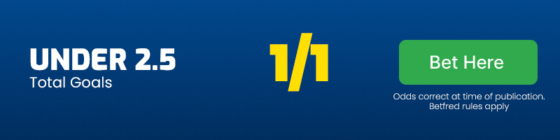 Under 2. 5 goals in everton vs brentford at 1-1