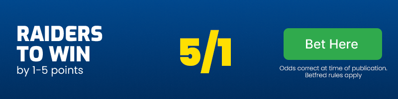 Canberra raiders to win by 1-5 points @ 5/1