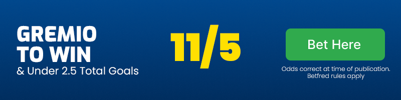 Gremio to beat the strongest & under 2. 5 total goals at 11-5