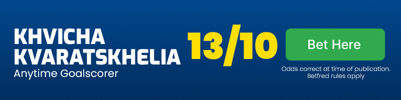 Khvicha kvaratskhelia anytime goalscorer in napoli vs lecce at 13-10