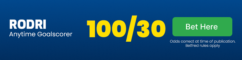 Rodri anytime goalscorer in man city vs man united at 100-30