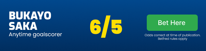 Bukayo saka anytime goalscorer at 6/5