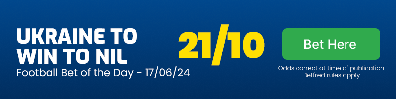 Football bet of the day - monday june 17 2024 - ukraine to win to nil vs romania at 21-10