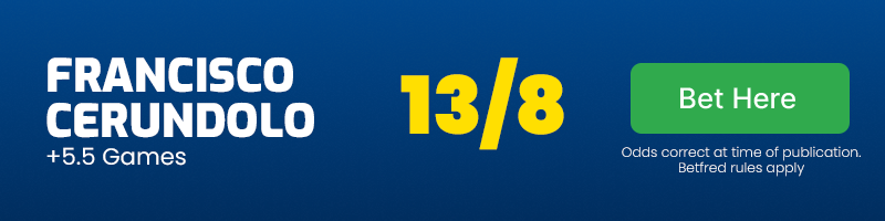 Francisco cerundolo +5. 5 games vs novak djokovic @ 13-8