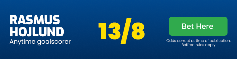 Rasmus hojlund anytime goalscorer at 13/8
