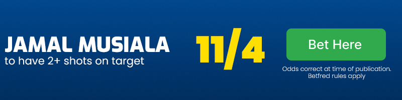 Jamal musiala to have 2+ shots on target at 11-4