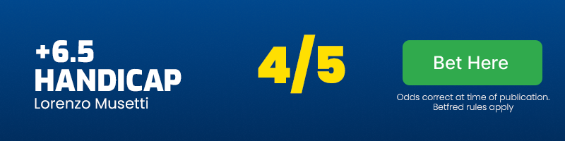 Lorenzo musetti +6. 5 handicap vs novak djokovic @ 4-5