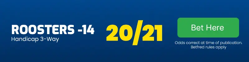 Sydney roosters -14 vs wests tigers at 20-21