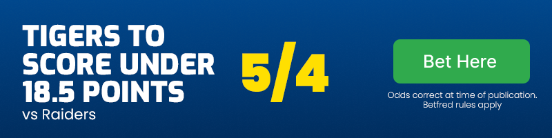 Tigers to score under 18. 5 points vs raiders