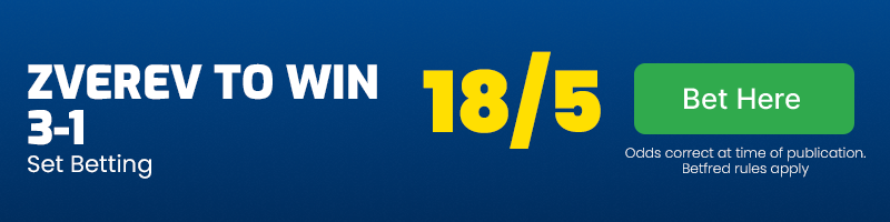 Zverev to win 3-1 set betting at 18-5