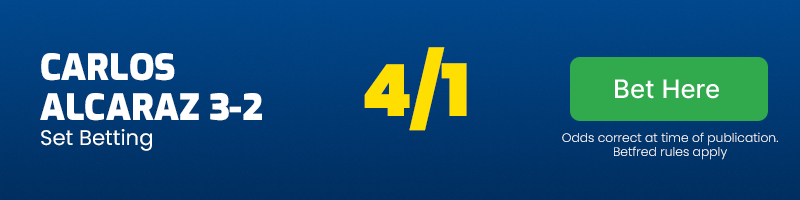 Carlos alcaraz to beat novak djokovic 3-2 in wimbledon men's singles final @ 4-1