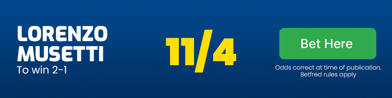Lorenzo musetti to win 2-1 at 11/4