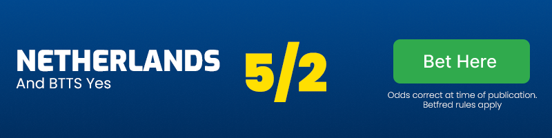 Netherlands and both teams to score at 5/2