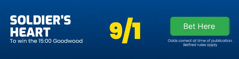 Soldier's heart to win the 15. 00 goodwood at 9-1 Soldier's heart to win the 15. 00 goodwood at 9-1