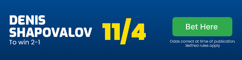 Denis shapovalov to win 2-1 at 11/4