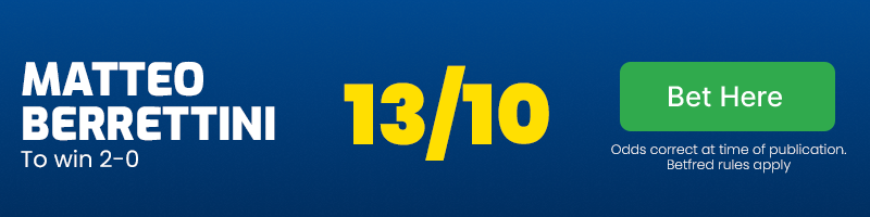 Matteo berrettini to win 2-0 at 13/10
