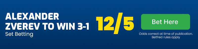 Zverev to win 3-1 at 12-5