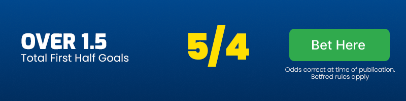 Over 1. 5 total first half goals in wolves vs west ham @ 5-4