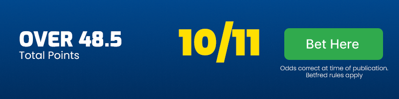 Over 48. 5 total points in new zealand warriors vs wests tigers @ 10-11