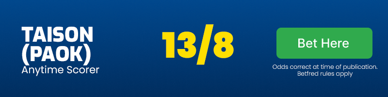Taison anytime scorer in paok vs borac @ 13-8